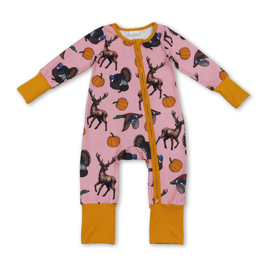 Duck deer turkey pumpkin baby girl fall zipper romper