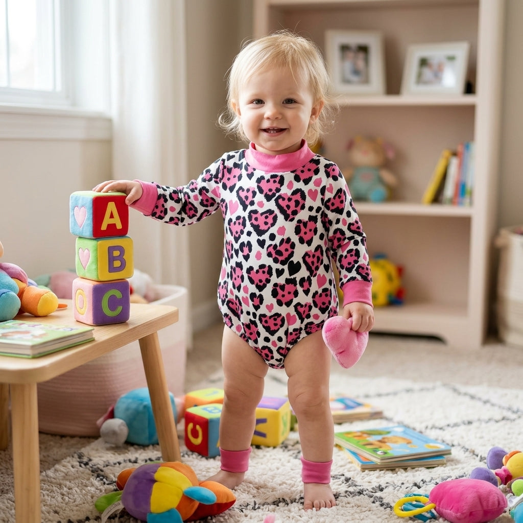 Pink mock neck heart baby girls Valentine's romper