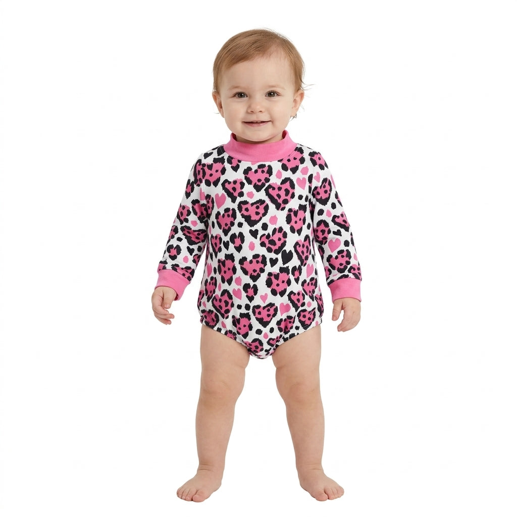 Pink mock neck heart baby girls Valentine's romper