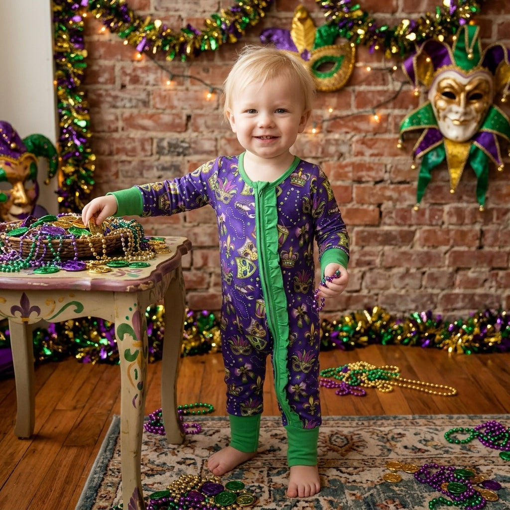 Necklace bow ruffle baby girls Mardi Gras zipper romper