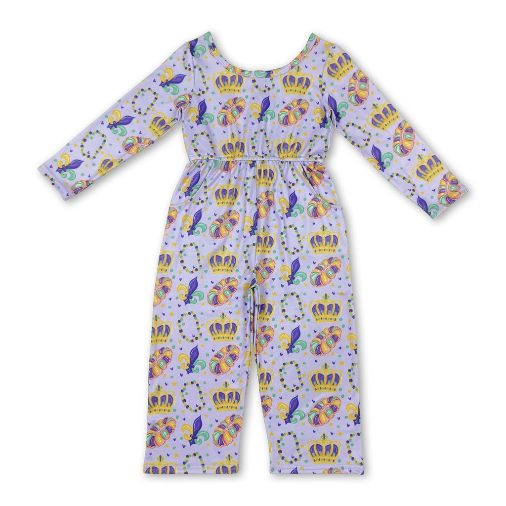 Long sleeves crown donut girls Mardi Gras jumpsuit