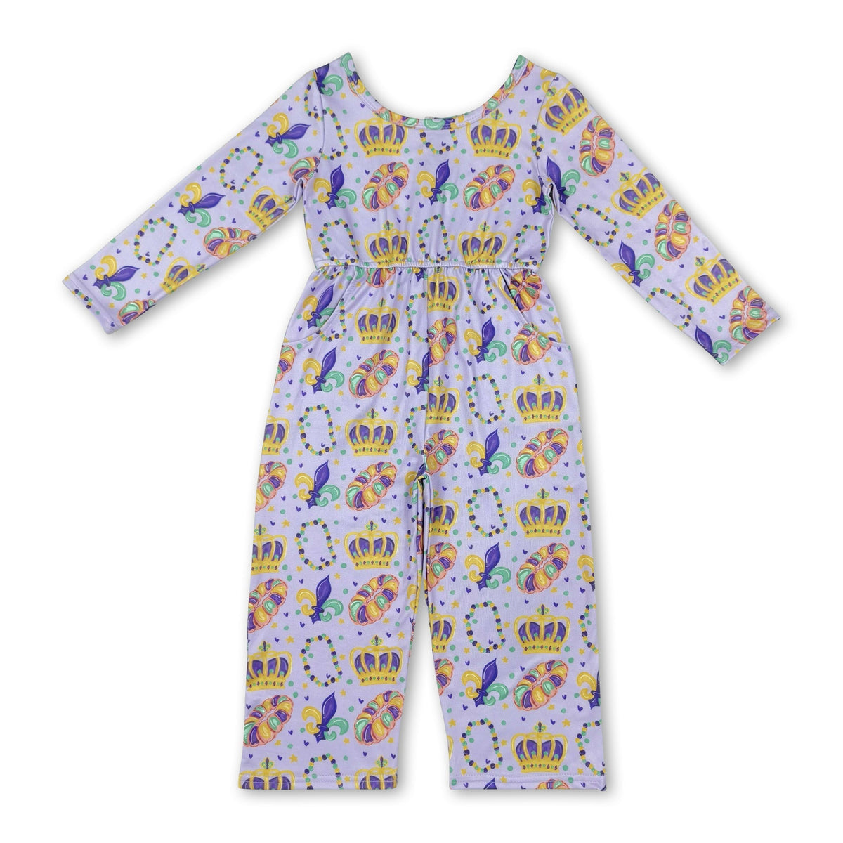Long sleeves crown donut girls Mardi Gras jumpsuit