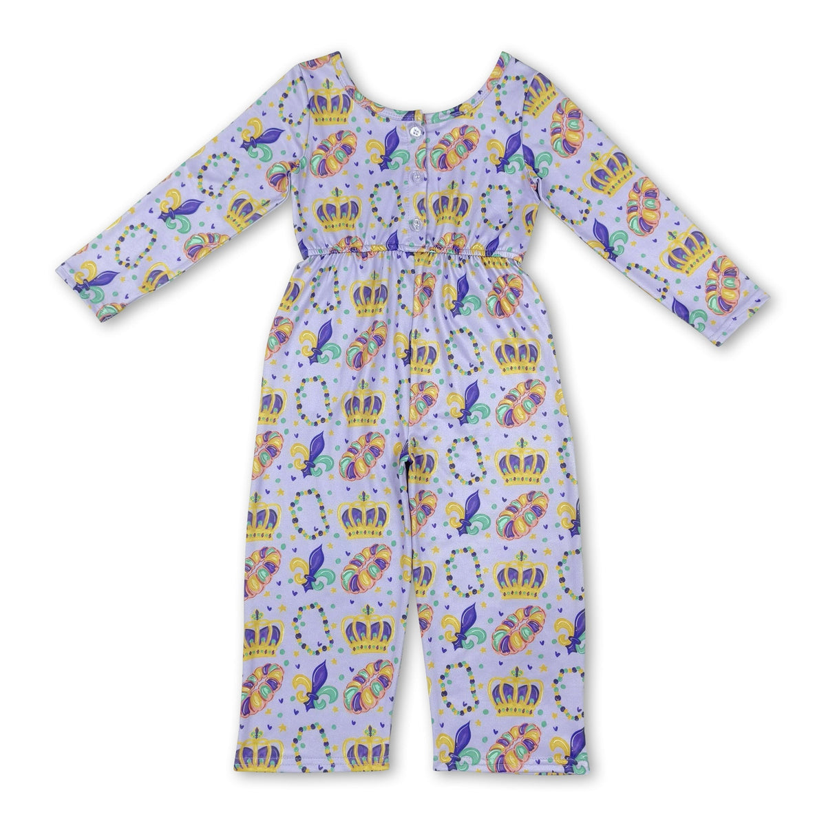 Long sleeves crown donut girls Mardi Gras jumpsuit
