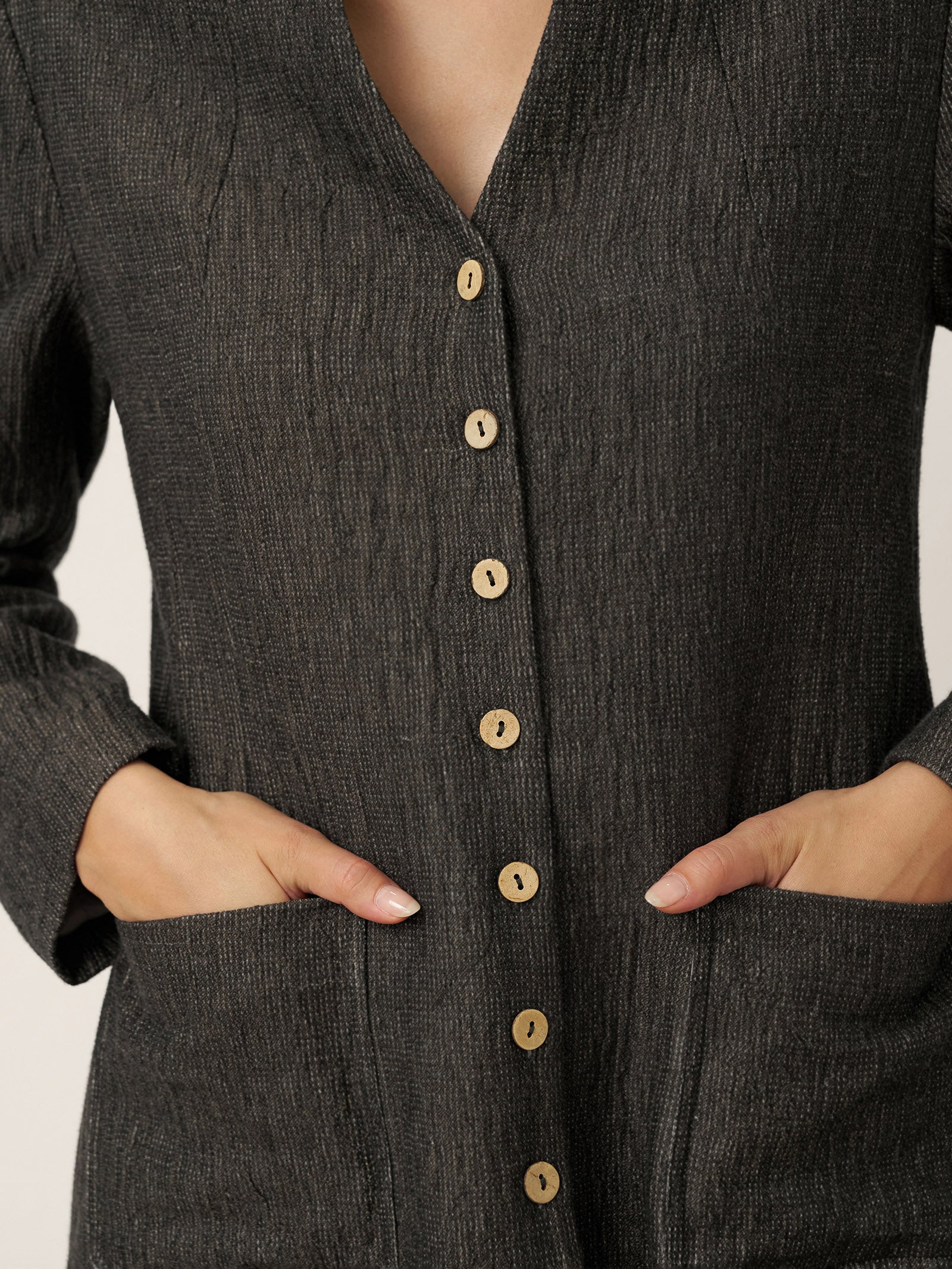 Linen Mandarin Collar Button-Up Long Shirt Jacket JORDAN