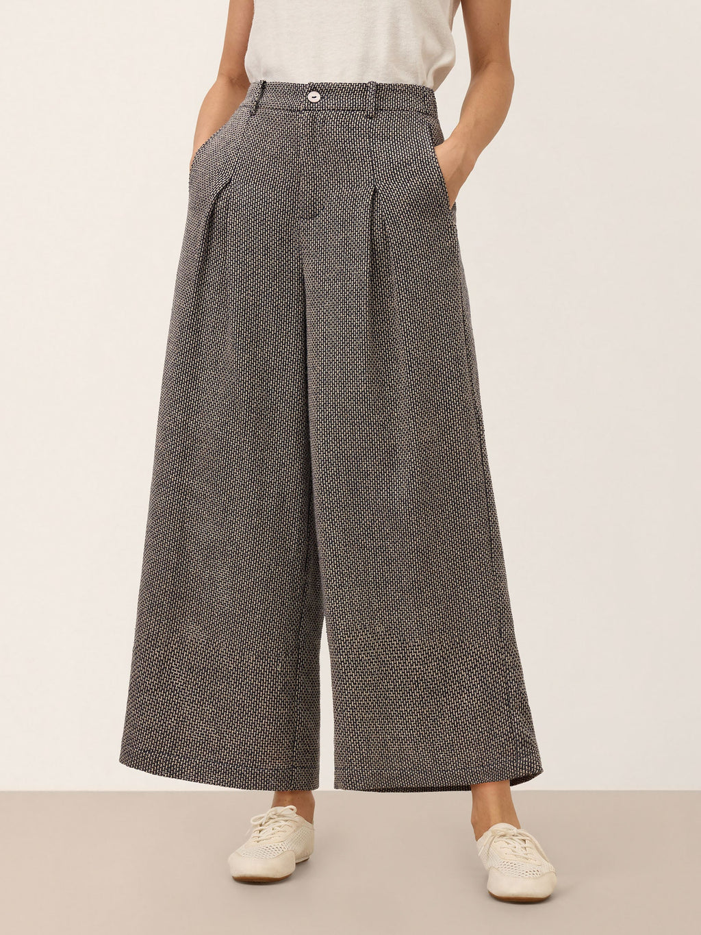 Linen Yarn Dyed Check Pleated Wide Leg Pants DELARA