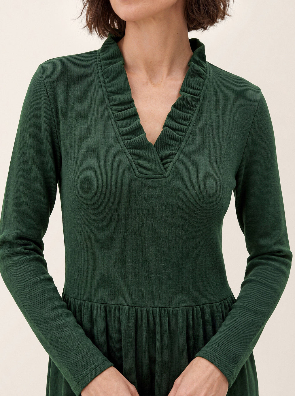 Lyocell Ruffle V Neck Gathered Waist Knit Midi Dress BRIELLE
