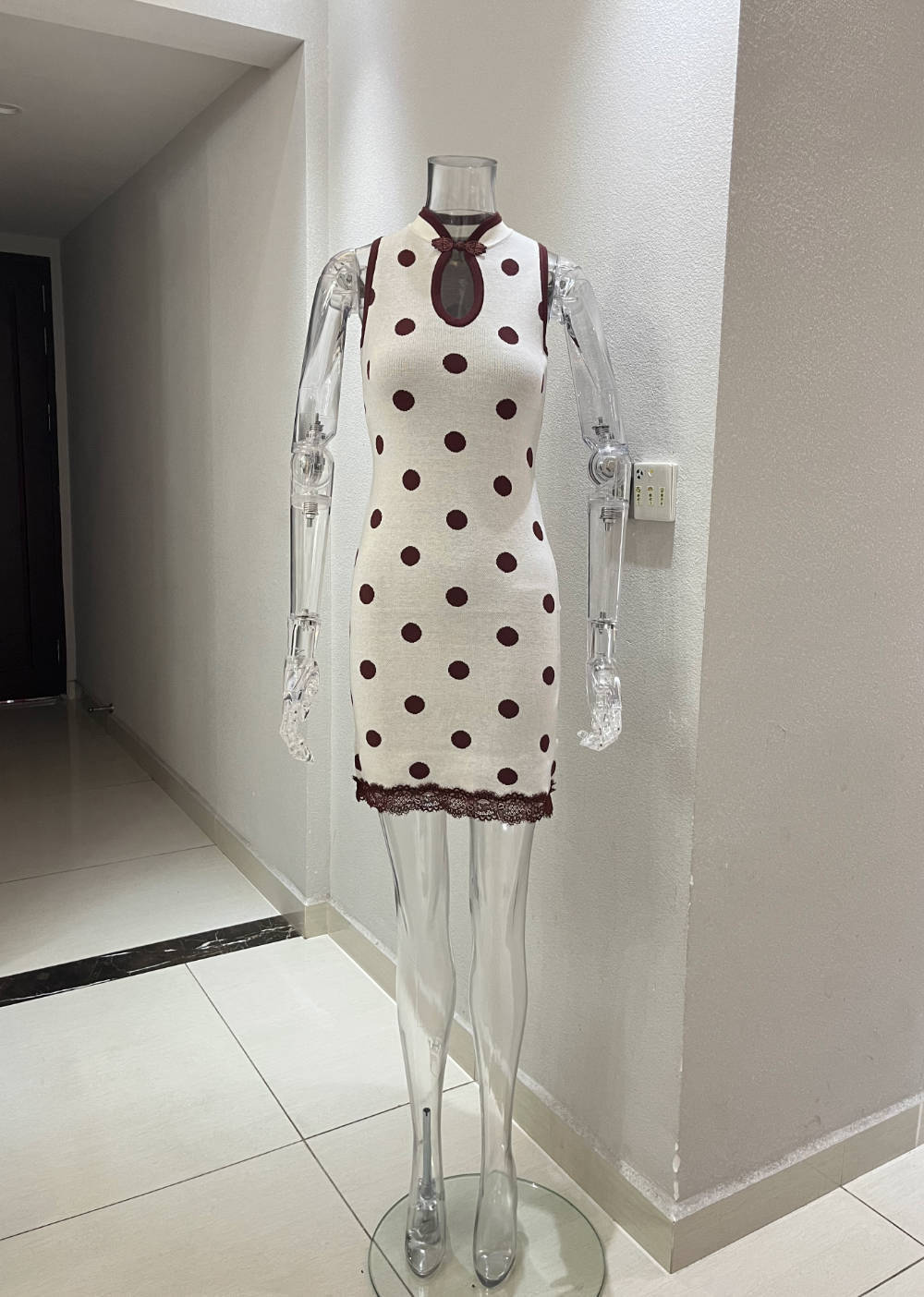 Summer Mid Polka Dot Contrast Color Lace Stitching Dress Stand Collar Sleeveless Sexy Casual Shaped Short Dress Women