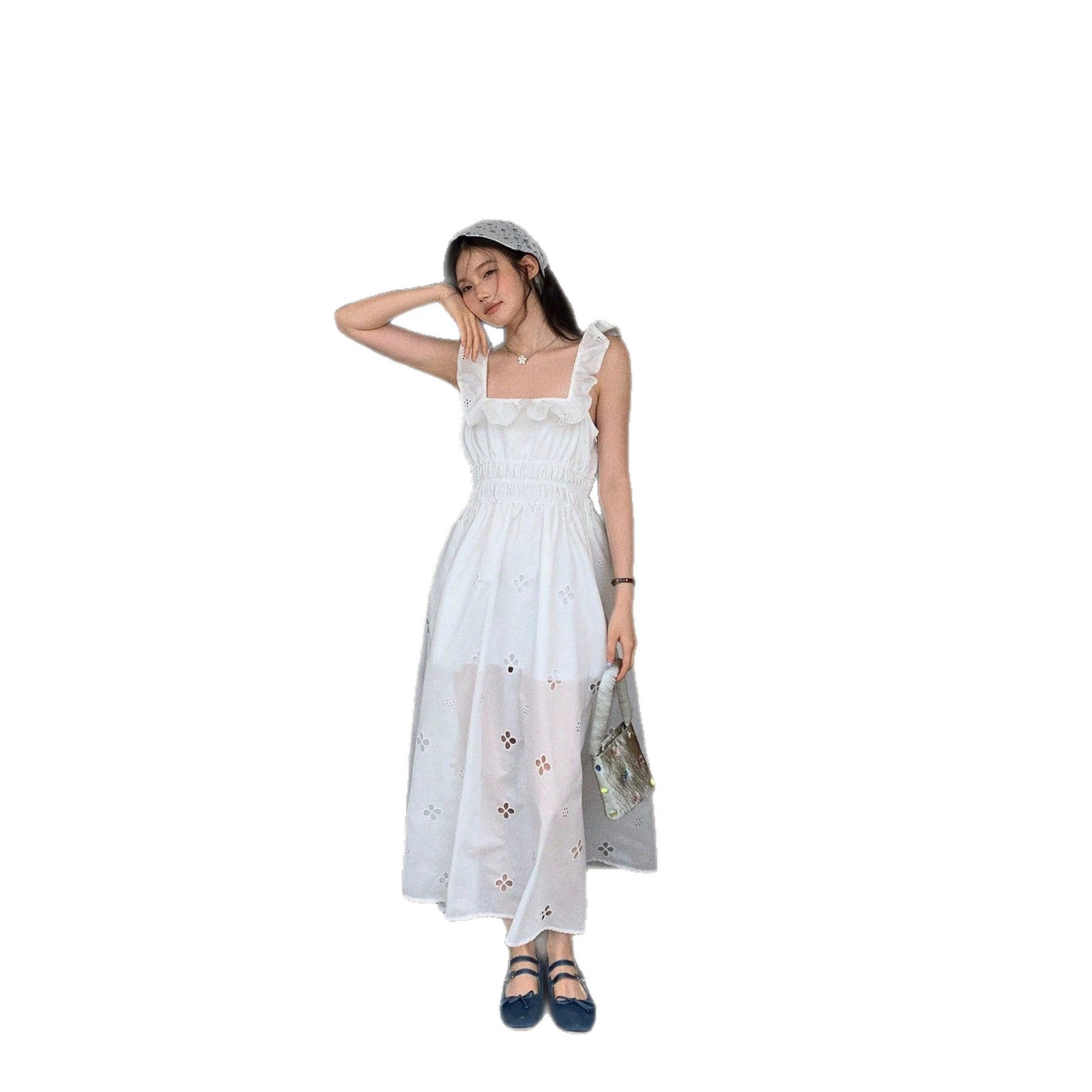 Korean Light Luxury Slim Fit Sweet Design White Dress Waist Slimming Elegant Ruffled Cami Dress