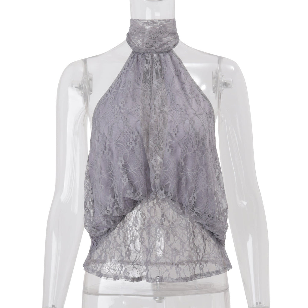 Women Clothing Summer Fashionable Chic High Neck Lace See Through Sleeveless Backless Irregular Asymmetric Top