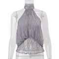 Women Clothing Summer Fashionable Chic High Neck Lace See Through Sleeveless Backless Irregular Asymmetric Top