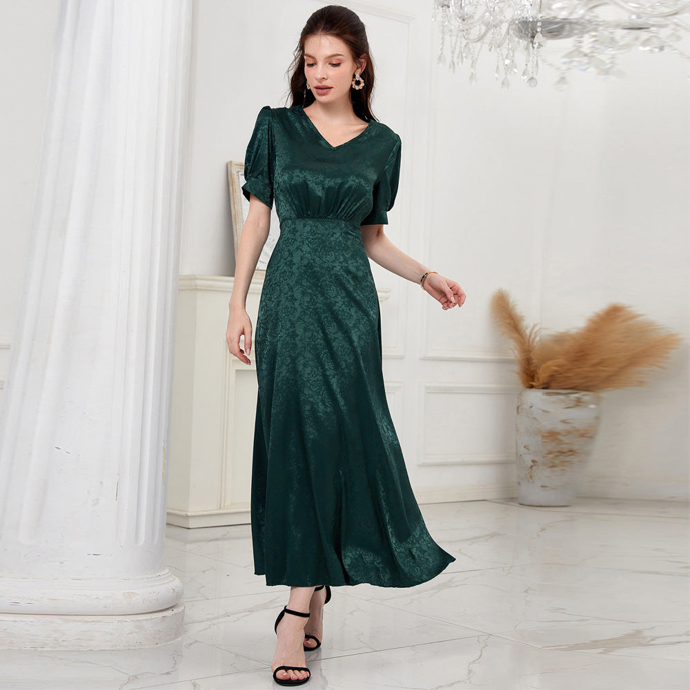 Women Clothing Summer Casual High Waist Solid Color V neck Puff Sleeve Dress