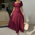 Retro Square Collar Puff Sleeve Jacquard Waist Dress Women Clothing Summer