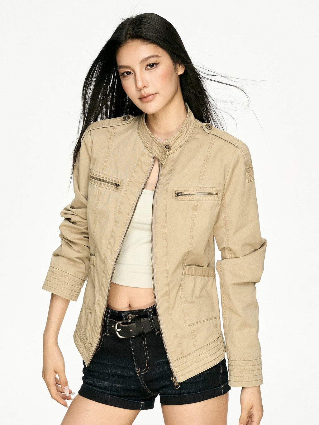 Retro Distressed Stand Collar Cropped Jacket
