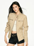 Retro Distressed Stand Collar Cropped Jacket