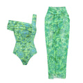 Swimsuit One Shoulder Green Fresh Holiday Floral Print One Piece Swimsuit Set