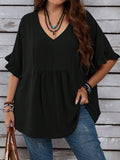 Plus Size Summer Women V neck Solid Color Loose Ruffled High Waist Half Sleeve Top
