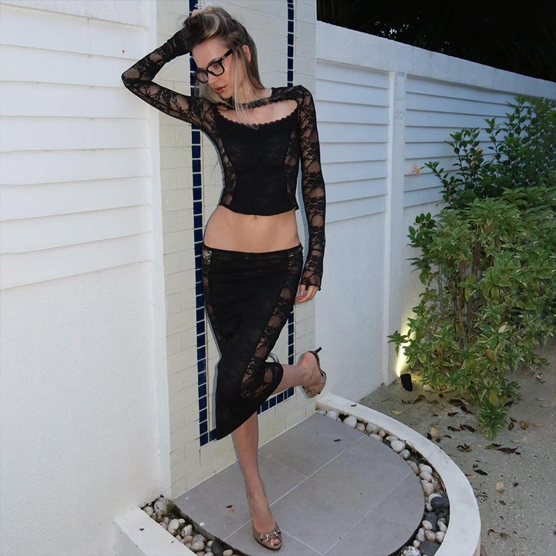 Summer Women Clothing Sexy Lace Cutout Long Sleeved Vest Low Waist Slim Skirt Set for Women