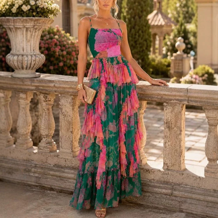 Autumn Floral Print Pleated Suspender Chiffon Midi Dress