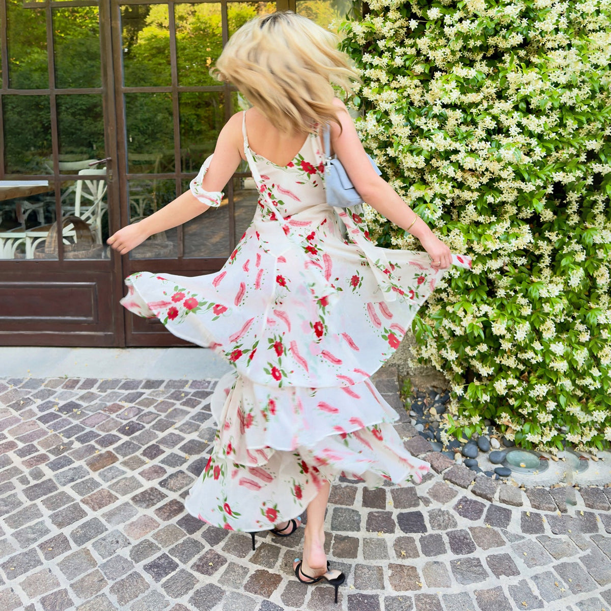 French Elegant Romantic Floral Print Lace up Dress Summer Vacation Irregular Asymmetric Ruffled Dress
