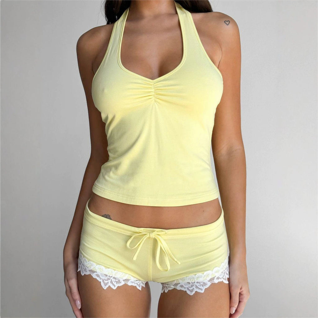 Sexy Vest Lace Shorts Two Piece Sets Women Clothing Spring Summer