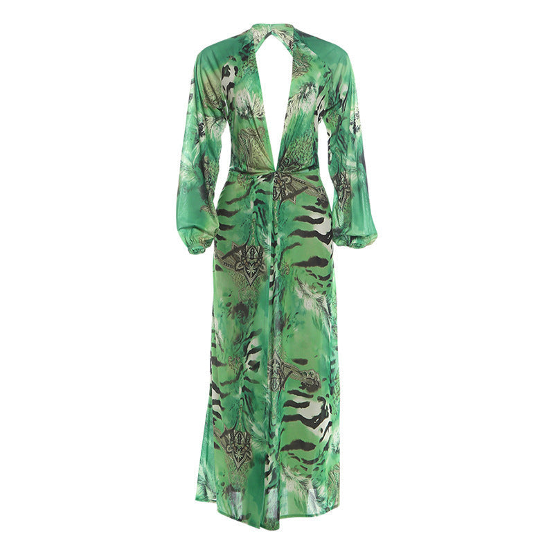 Summer Women Sexy Backless Deep V Plunge Split Long Sleeve Dress
