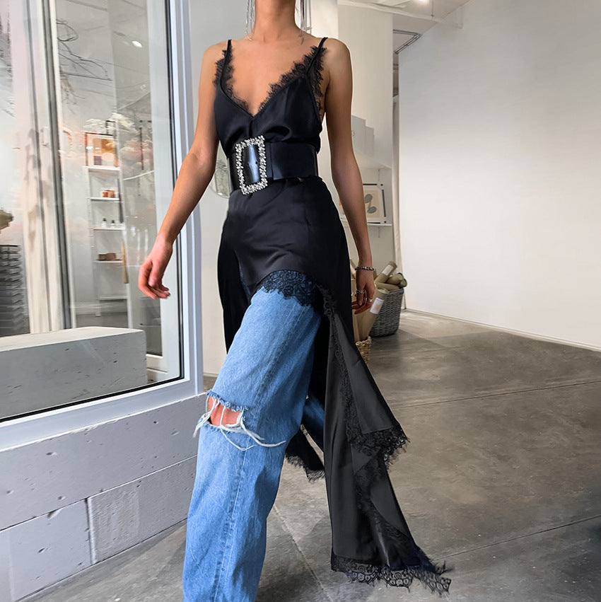 Summer Sexy Design Lace V Neck Strap Black Mysterious Dress Russian Slit Dress Women Clothing