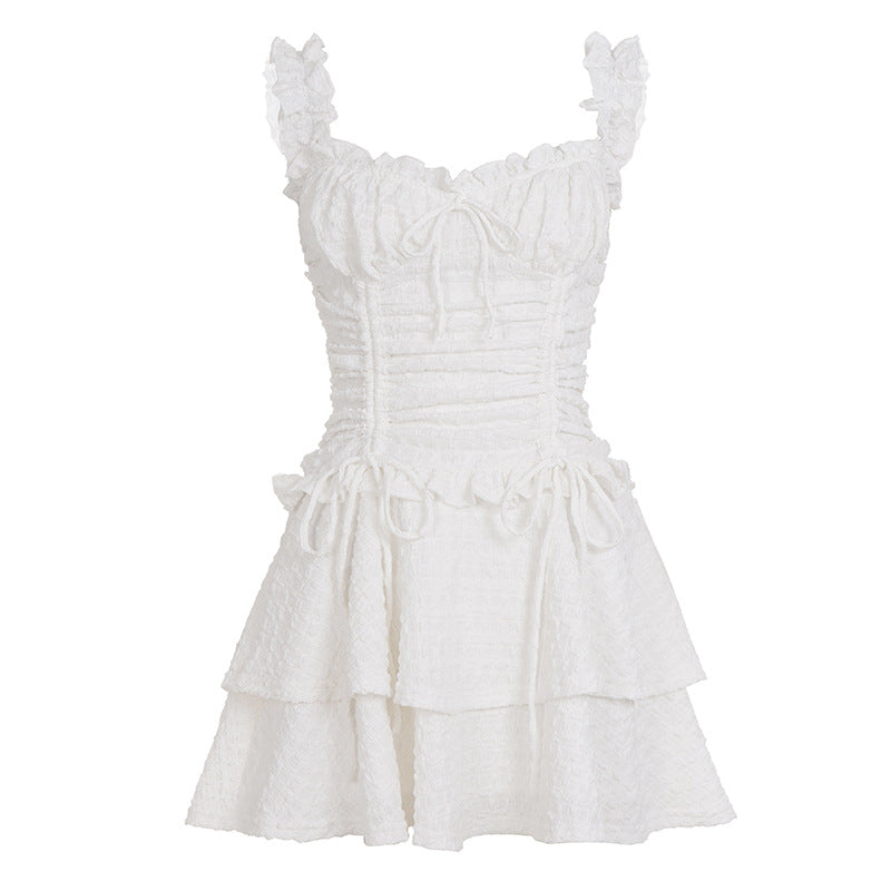French Elegance Solid Color Suspenders Jumpsuit Women Texture Pastoral Drawstring Sexy Tiered Dress