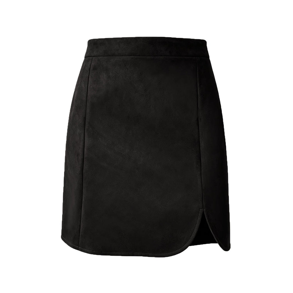 Autumn Winter Women Clothing Suede Skirt High Waist Zipper Solid Color Sheath Split Skirt
