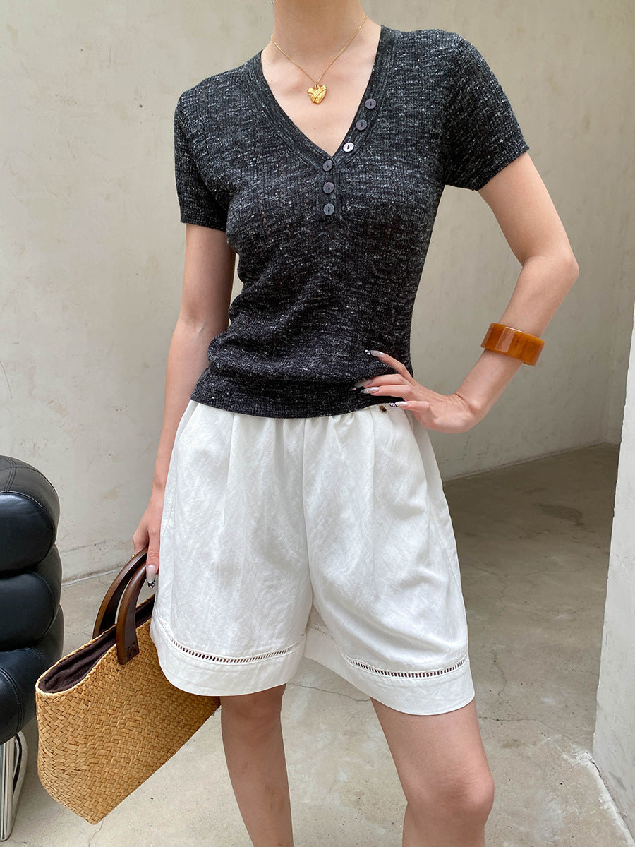 Smart Blogger Linen Half Button V neck Slim Slimming Hollow Out Cutout Short Sleeve Sweater