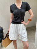 Smart Blogger Linen Half Button V neck Slim Slimming Hollow Out Cutout Short Sleeve Sweater
