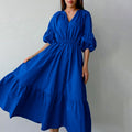Summer Office Klein Blue Puff Sleeve High Waist A- line Dress Fashionable Simple Women Dress