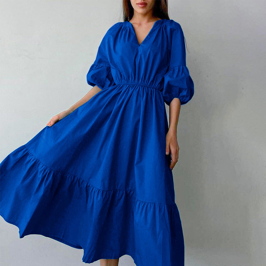 Summer Office Klein Blue Puff Sleeve High Waist A- line Dress Fashionable Simple Women Dress