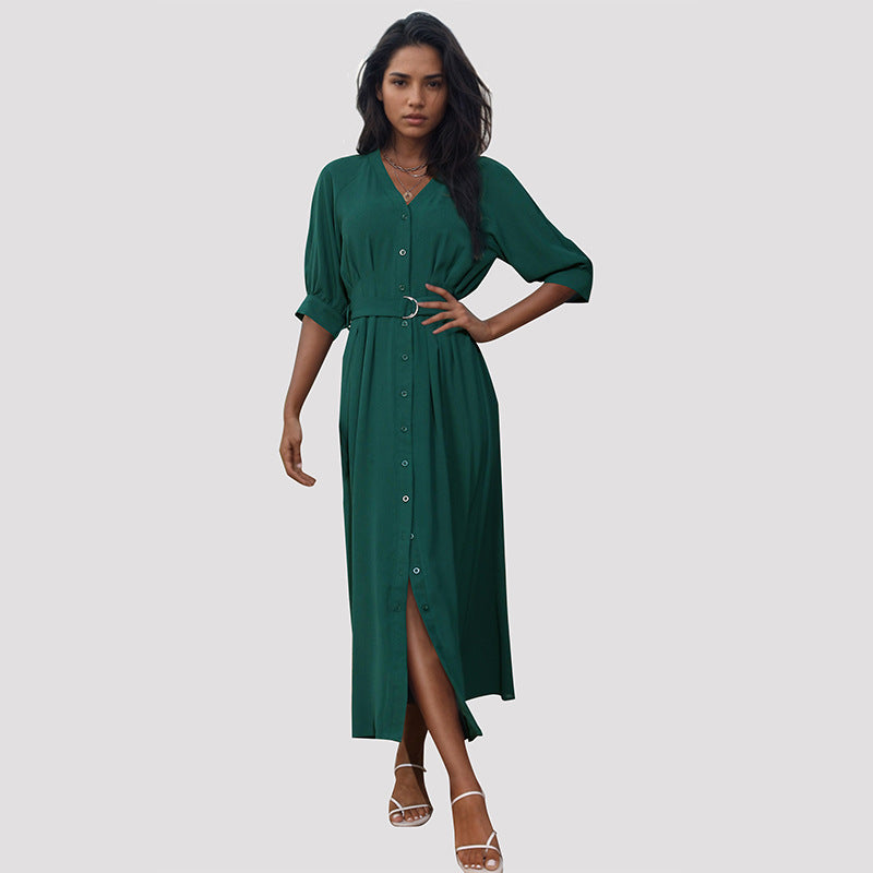 Summer Women Middle Sleeve Green Dress with Belt