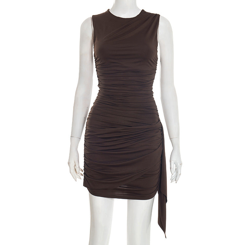 Women Clothing Spring Summer Simple Solid Color Asymmetric Sleeveless Pleated Ribbon Dress Women