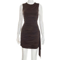 Women Clothing Spring Summer Simple Solid Color Asymmetric Sleeveless Pleated Ribbon Dress Women