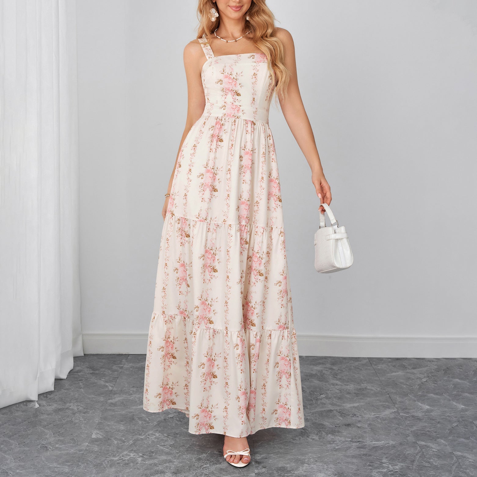 Summer Four Sided Stretch Printing Slip Dress Sexy Backless Bow Strap Dress