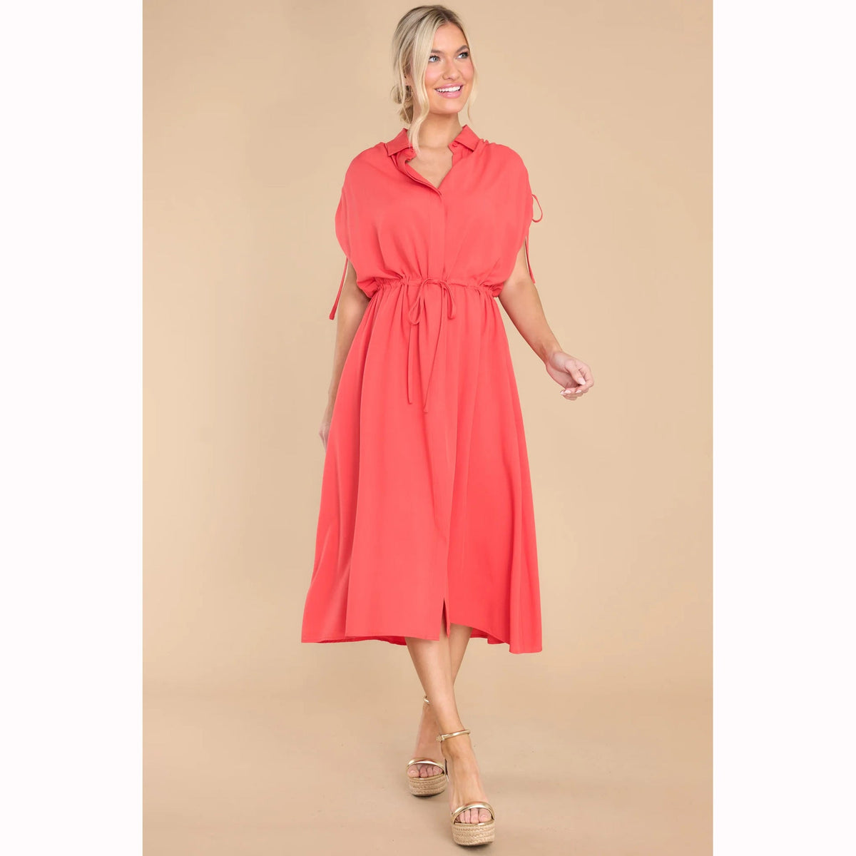 Trendy Summer Fitted Waist Turn down Collar Single Breasted Drawstring Dress