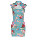 Satin Printed Short Dress Sexy Slim Fit Stand Collar Hollow Out Cutout out Waist Hip Dress