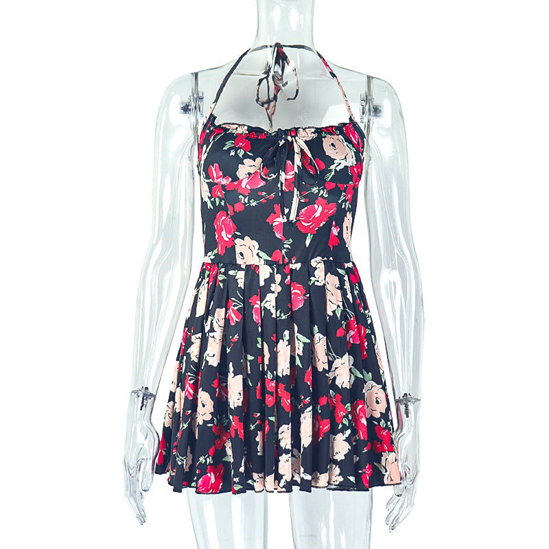 Fresh Women Printed Wear Pleated Waist Tight A line Halterneck off Shoulder Wrapped Chest Short Dress