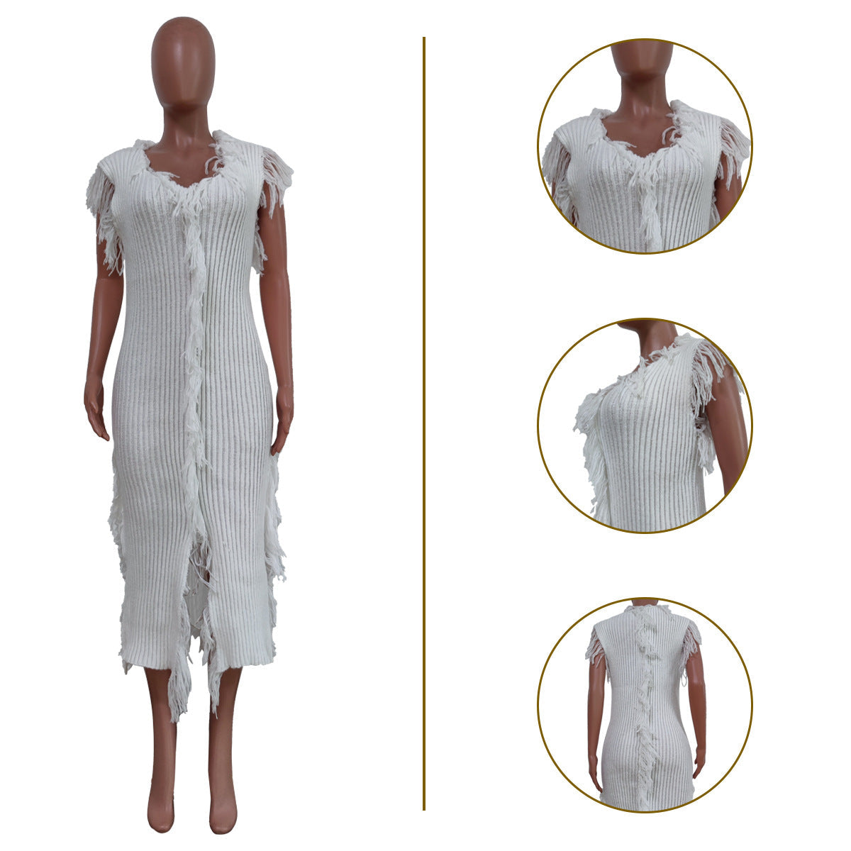 Women Clothing Casual Solid Color Knitted Sleeveless Tassel Dress