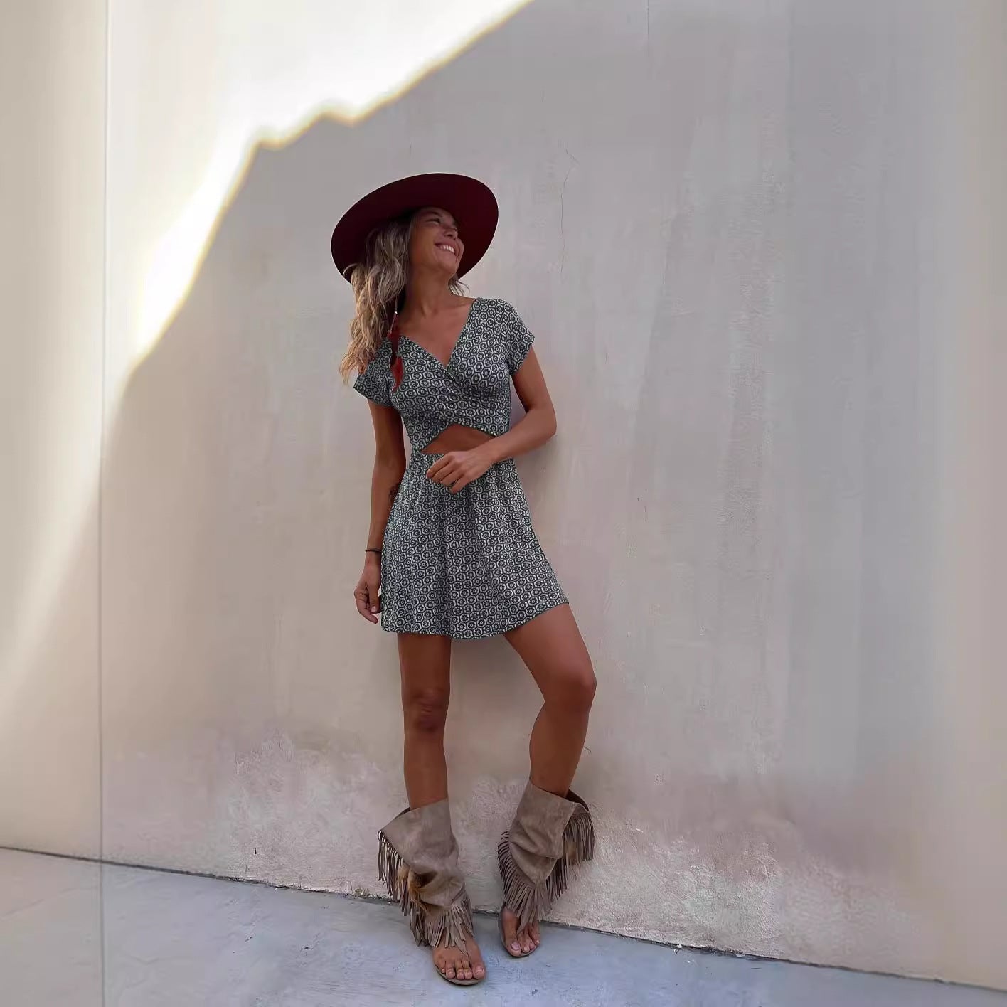 Summer Short Sleeve Two Sided Wear Printed Short Dress