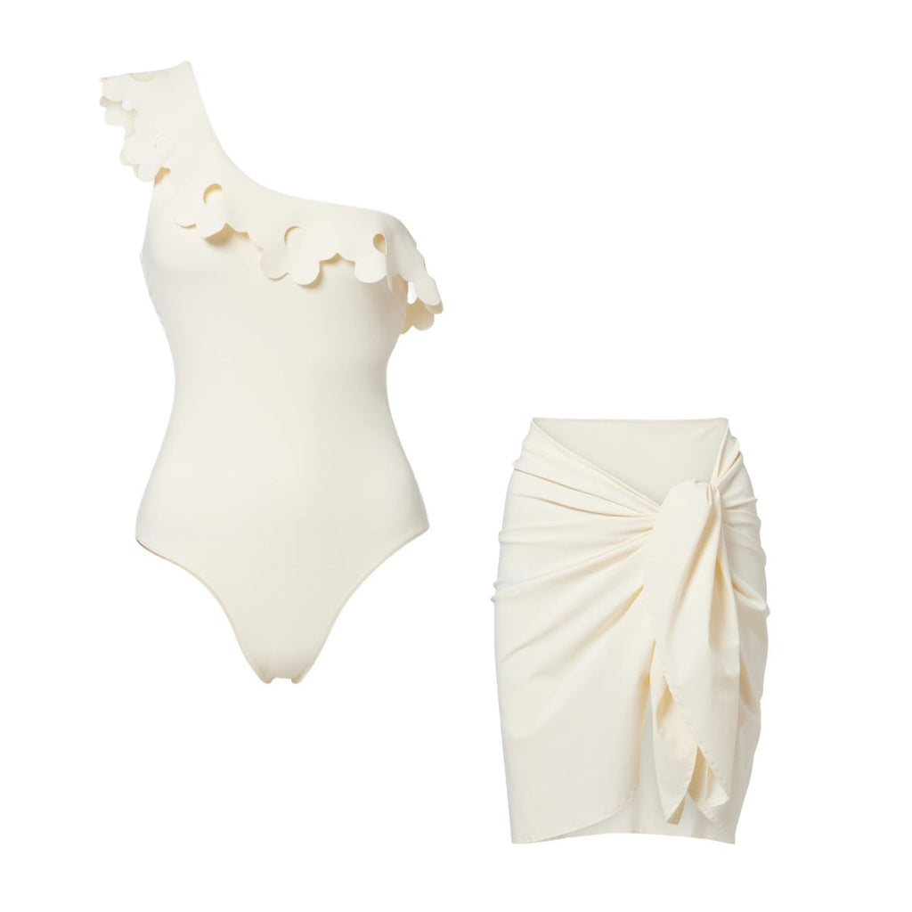Sexy Cream White Wave Hollow Out Cutout Single Shoulder One Piece Swimming Women Two Piece Spring Holiday Slim Looking Swimwear