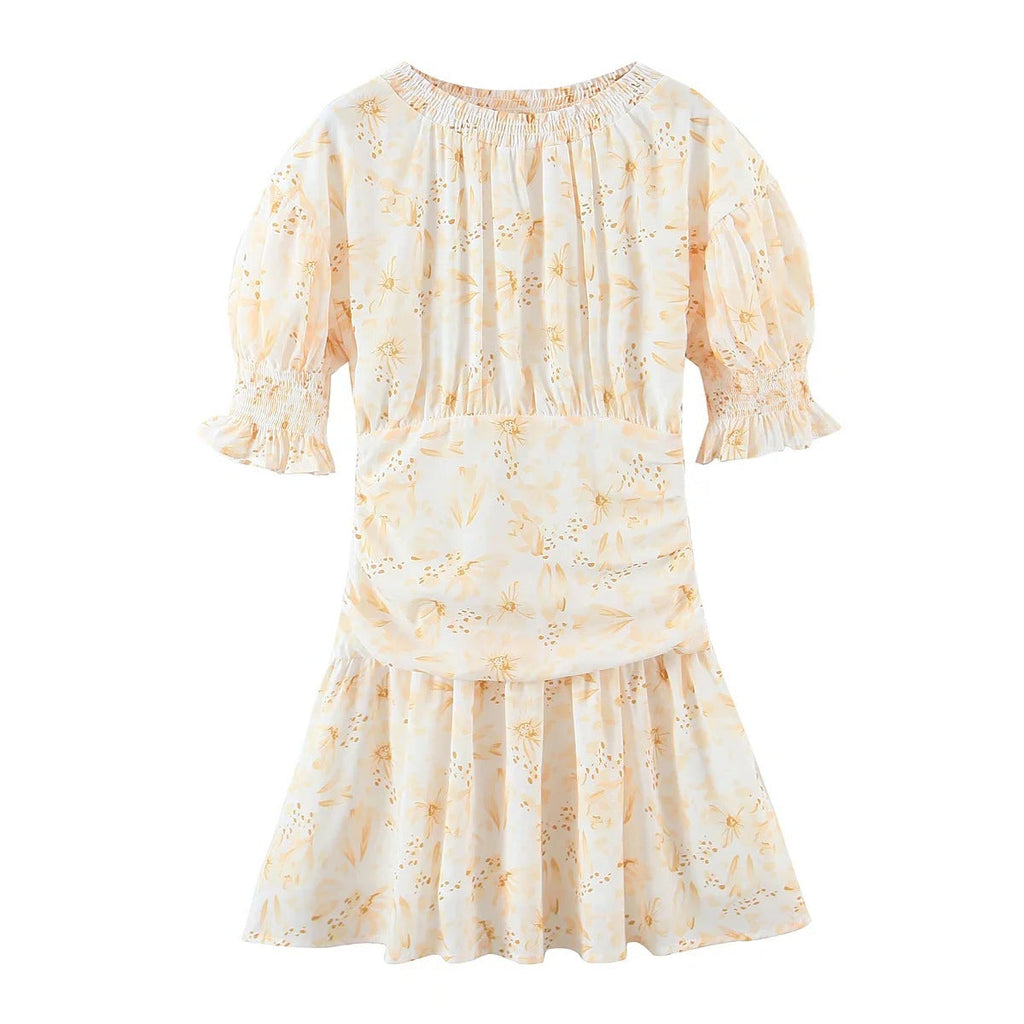 Short Spring Elastic Pleated Pastoral Dress