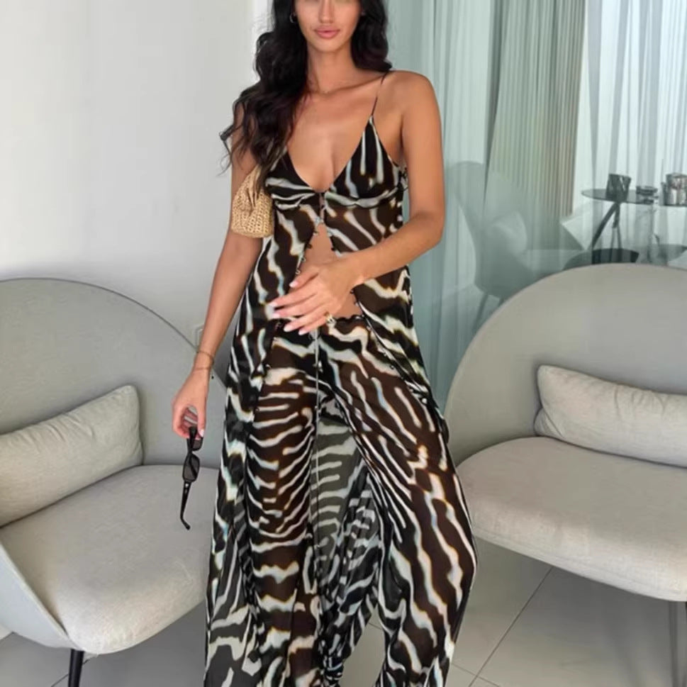 Spring Summer Mesh Irregular Asymmetric Top Pants Beach Two Piece Sets