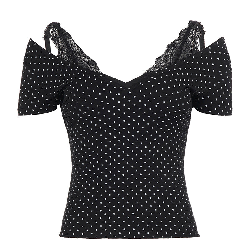 Summer Sexy Slim Fit All Match V Collar Polka Dot T shirt Lace Stitching Underwear Two Piece Sets
