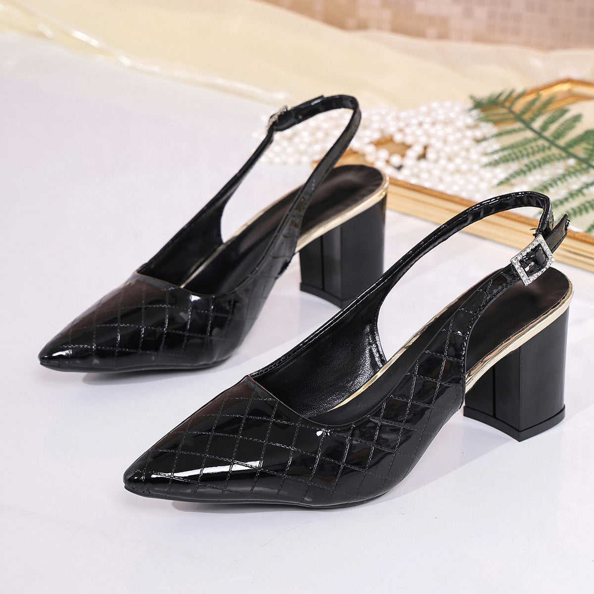 Summer Retro Pointed Office Sexy High Heel Toe Box Women Sandals Plaid Chunky Heel