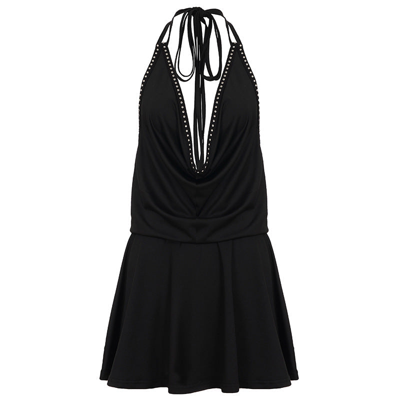 Sexy Rivet Lace Swing Collar Lace up Halterneck Strap Dress Solid Color Personalized Street Dress