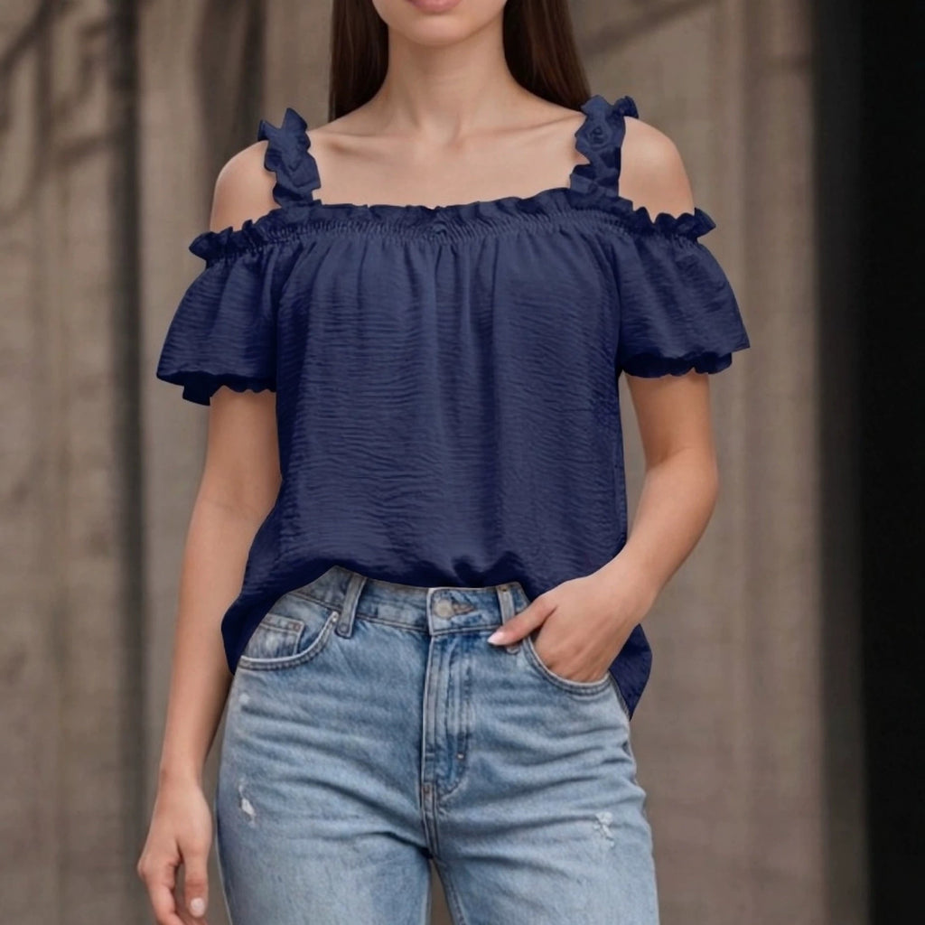 All Match Solid Color V neck Ruffled off the Shoulder Casual Sling Top