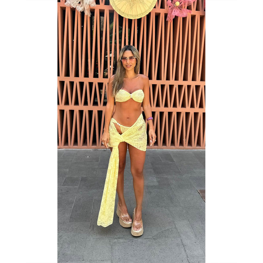 Solid Color Lace Tube Top Strap Sexy Backless Low Waist Briefs Bikini Split Swimsuit for Women