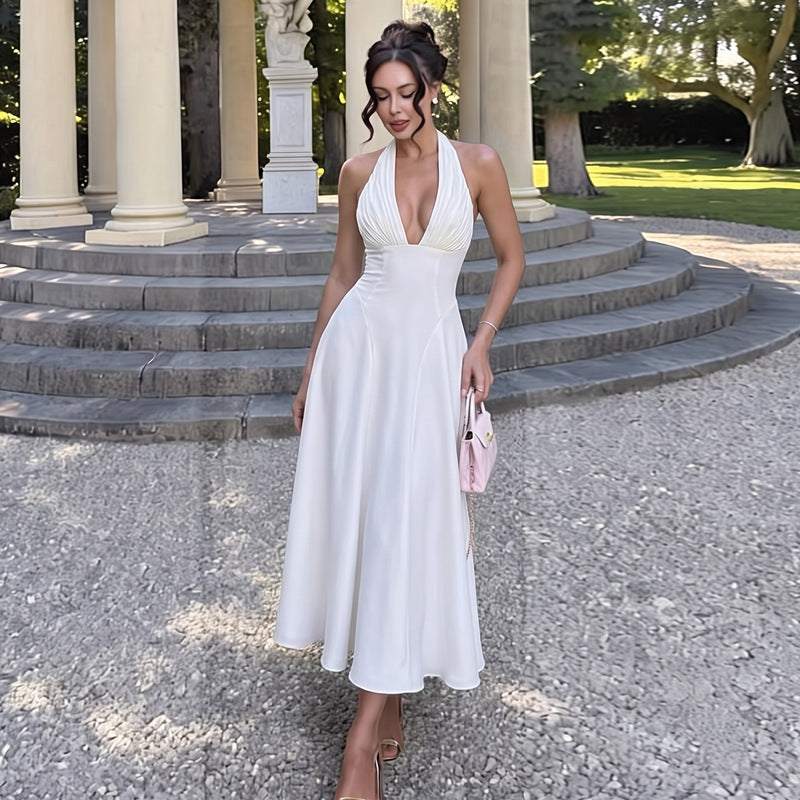 Women Clothing Sexy Deep V Plunge Halter Lace up Backless Slim Fit Hip Wrapped Dress Women Dress